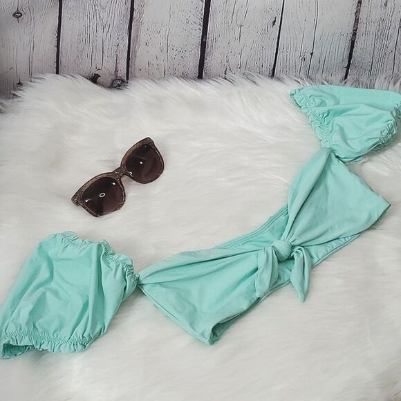 Lulu's Tidal Vibes Seafoam Teal Tie-Front Puff Sleeve Bikini Top NWOT Size Small - Picture 10 of 14